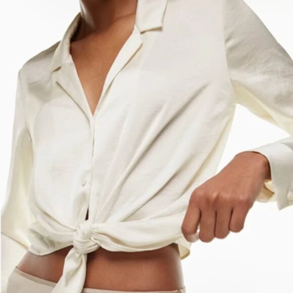 Wilfred Aritzia Japanese Satin Tie Front Blouse in Birch - Picture 1 of 3